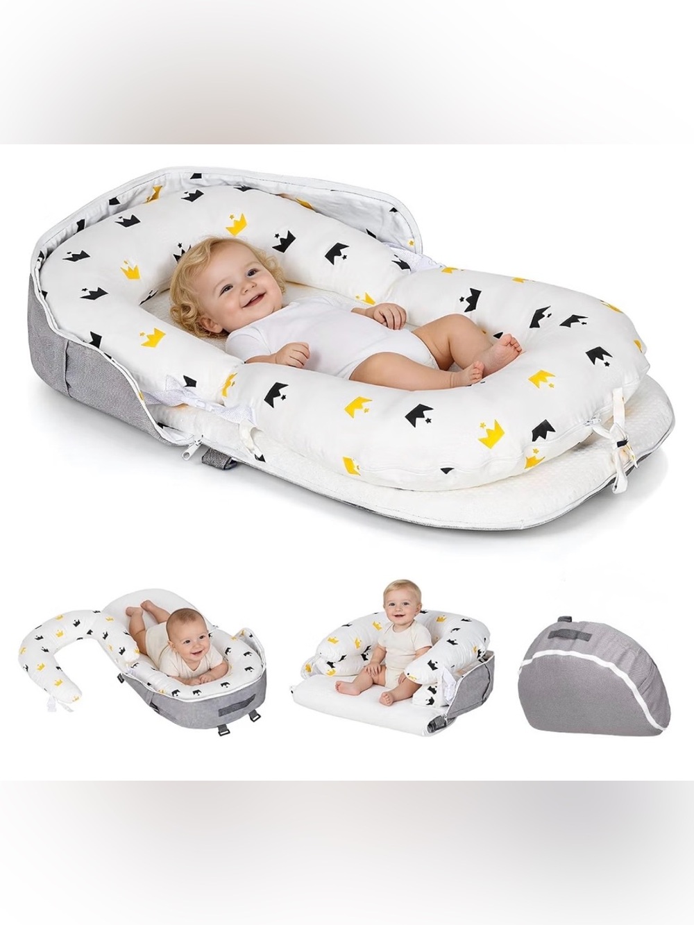 4-in-1 Baby nest for Newborns 0-24 Months, Portable & Foldable gray cloud